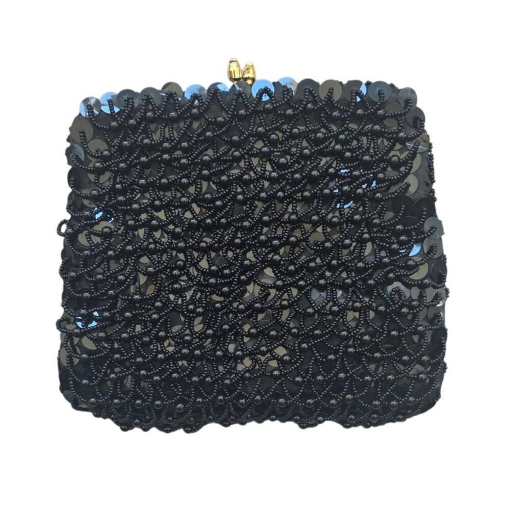 Vintage 1950s Black Beaded Clutch Richere Evening Handbag Kiss Lock OS
